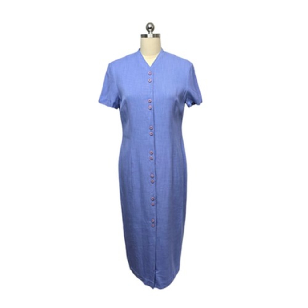 Vintage Adrianna Papell Dress Womens 8 Periwinkle Button Short Sleeve Midi 90s